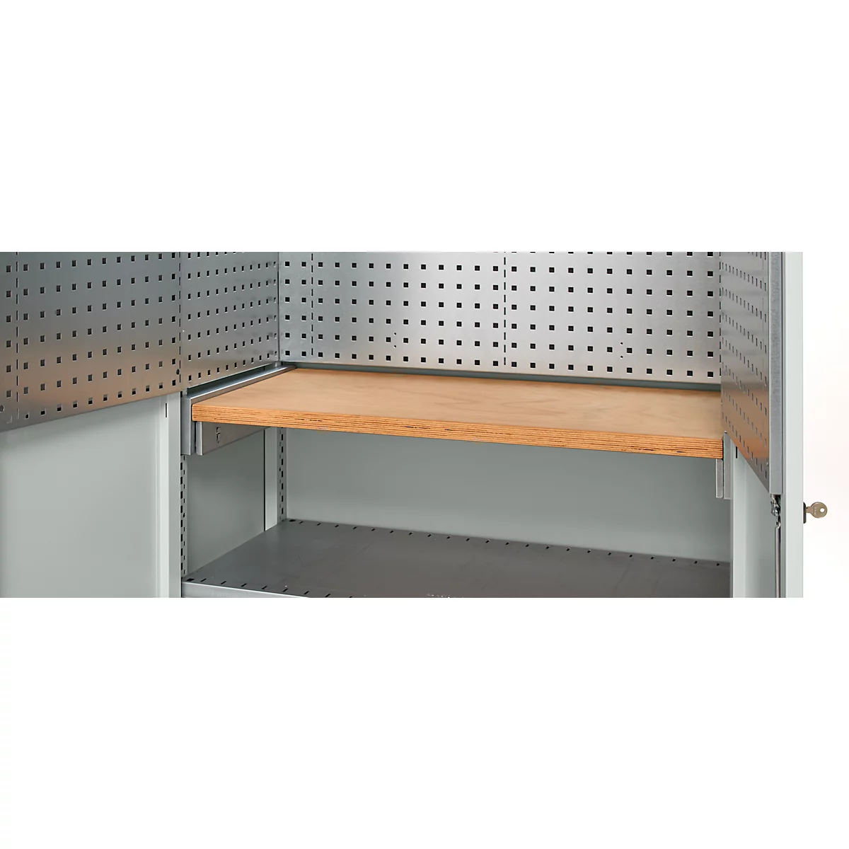 Open workshop cabinet with perforated walls, wooden shelf, and lower metal bottom. The door is indicated.