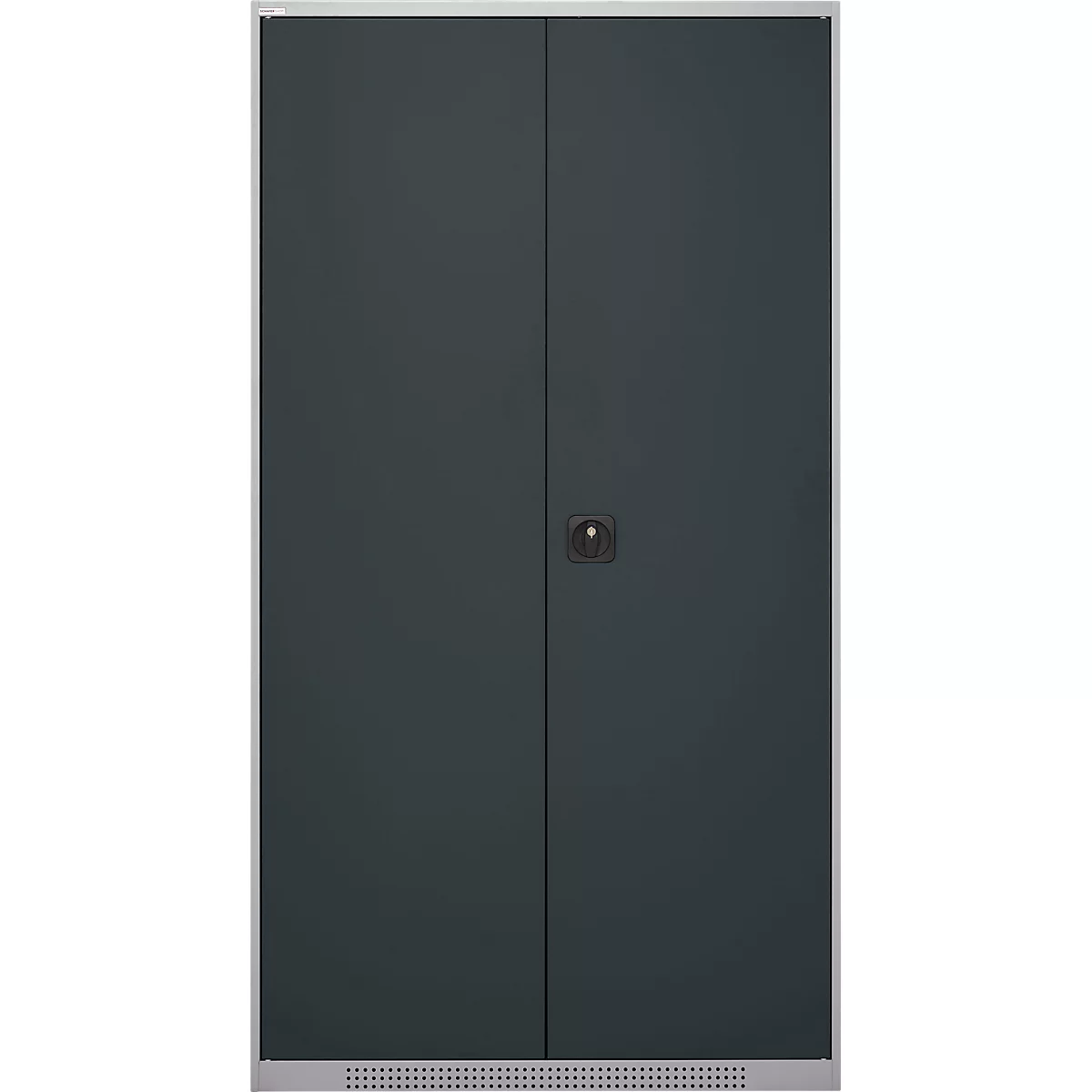 Dark grey cabinet with two doors and a round knob in the middle. The cabinet stands against a white background.