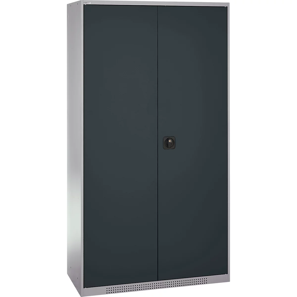 Dark gray steel cabinet with two doors, a handle, and a silver frame.
