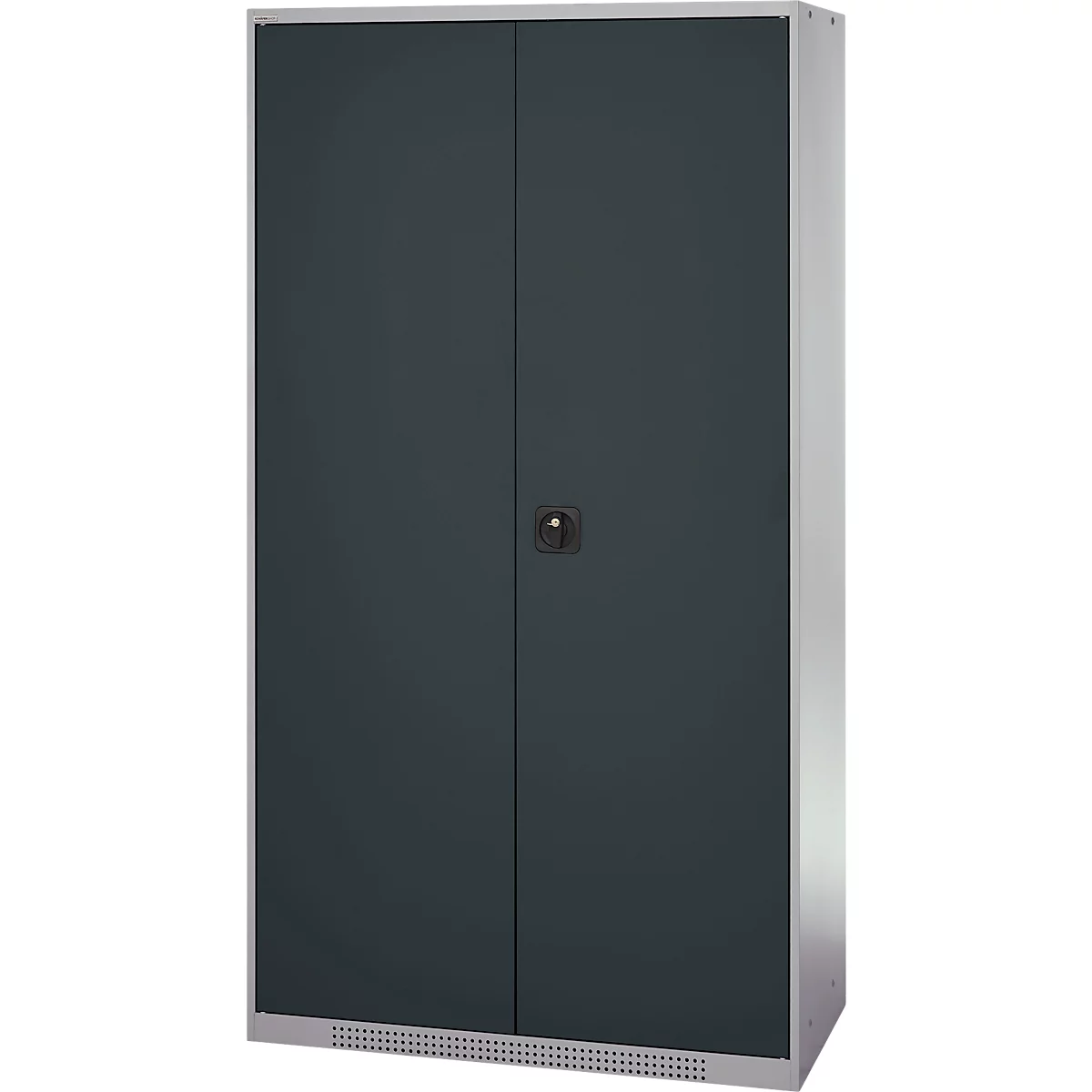 Dark gray cabinet with two doors and a handle.
