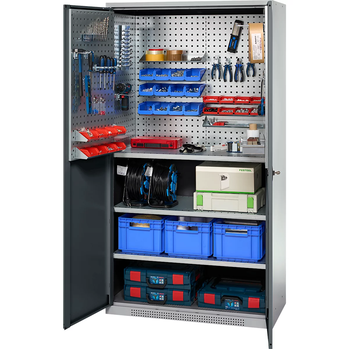 Tool cabinet with open door, filled with tools and accessories. Shelves, pegboards and drawers offer plenty of storage space.