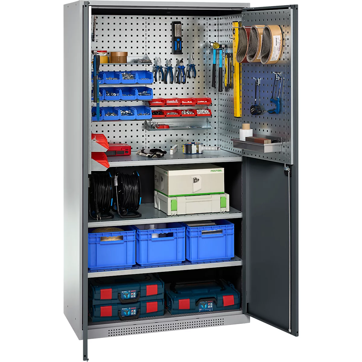 Tool cabinet with tools, cables, boxes and accessories. The left door is closed, the right one open.