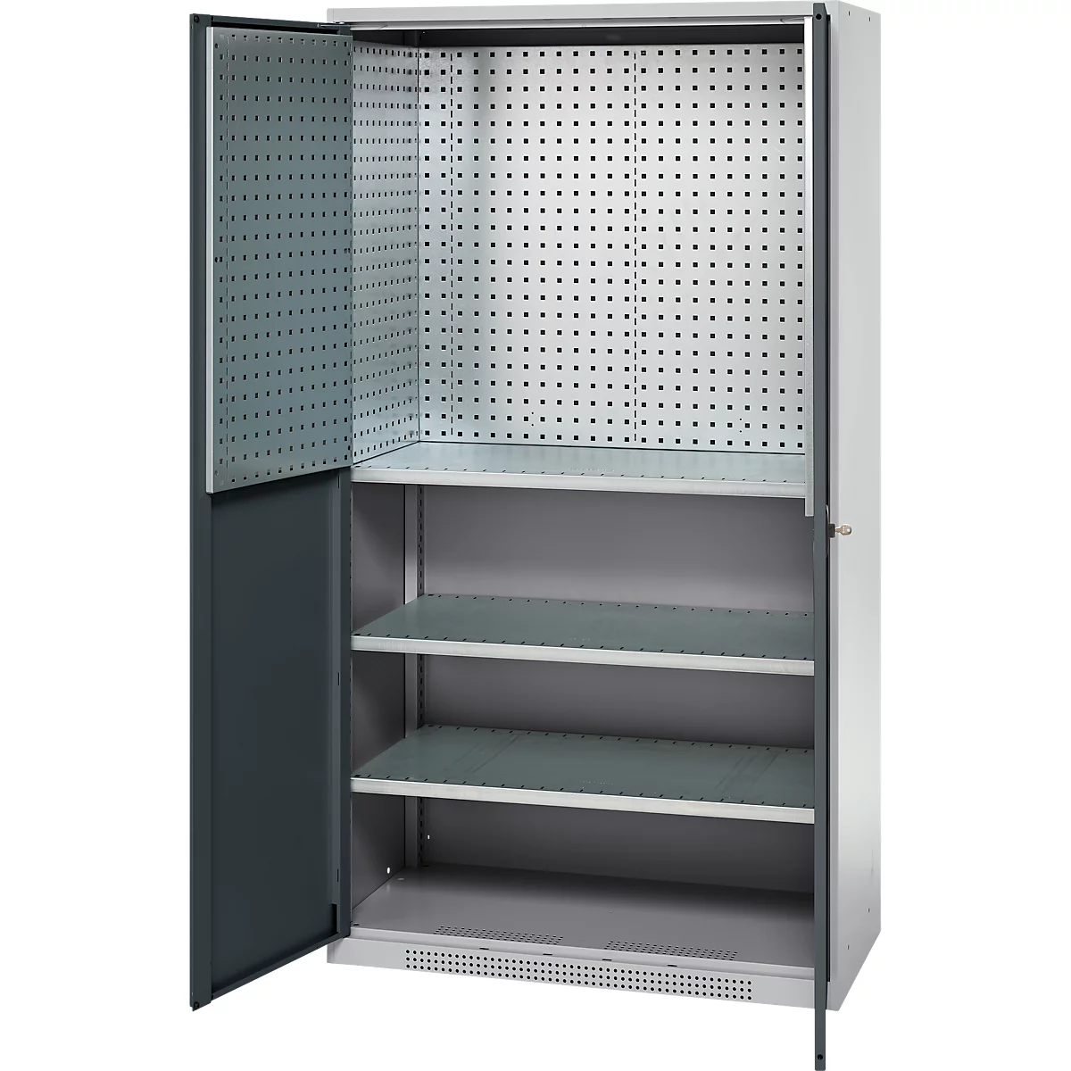 Gray metal cabinet with open door. Shelves and a pegboard are visible inside.