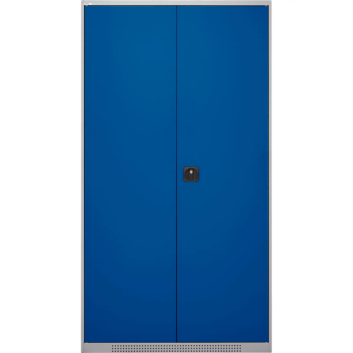 Blue cabinet with two doors, silver frame and handle.