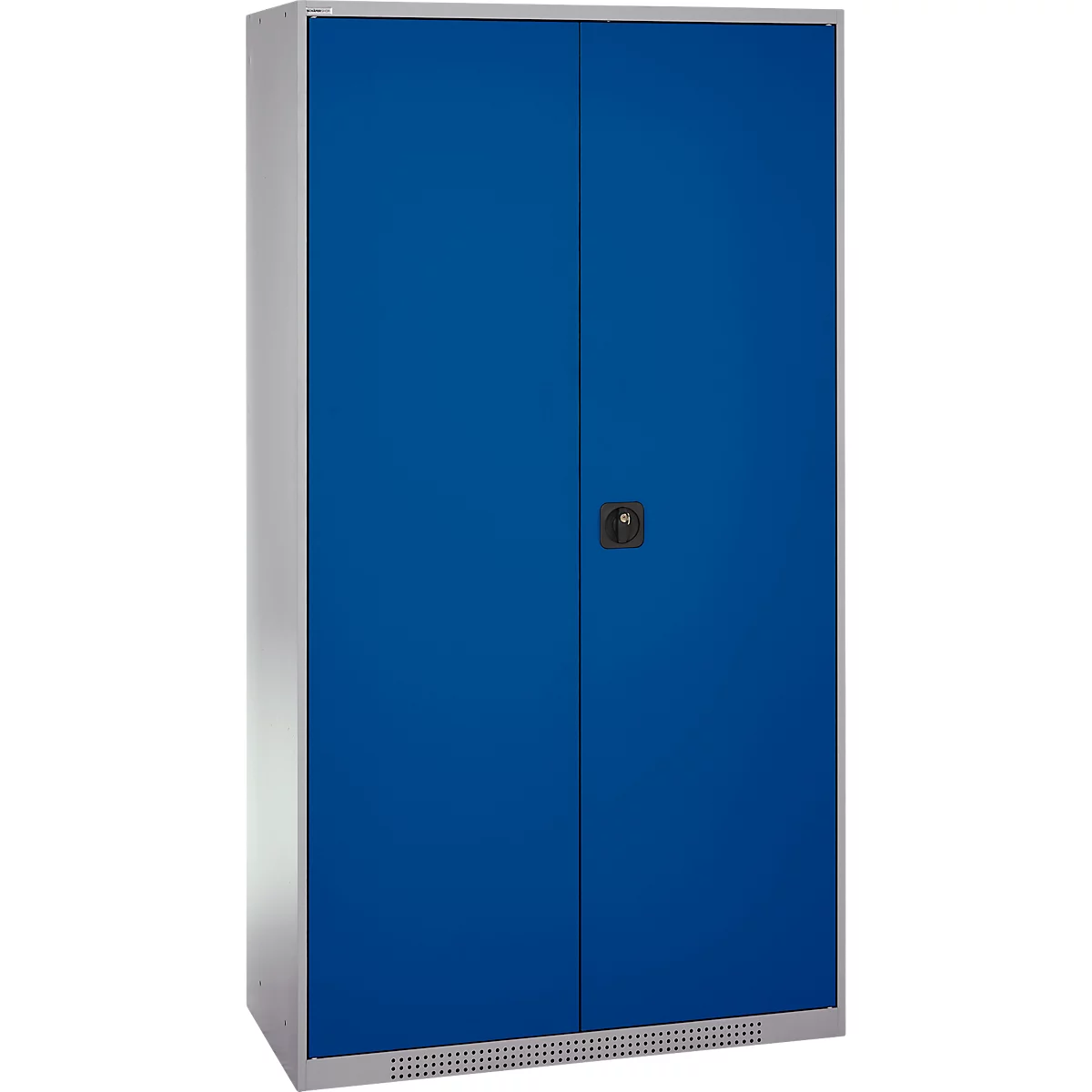 Blue steel cabinet with two doors. Gray frame and handle.