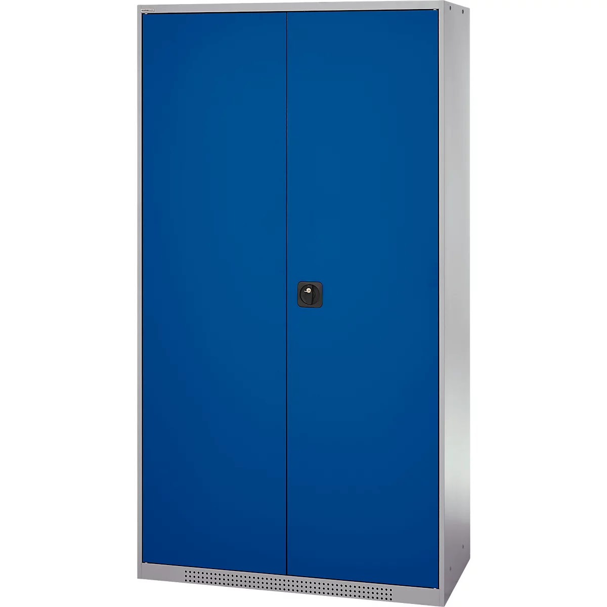 Blue steel cabinet, 2-door, with silver sides and black handle.