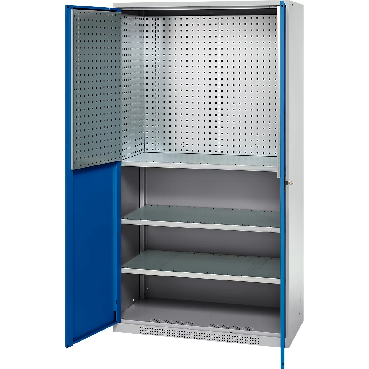 Open tool cabinet with three shelves, perforated back panel and blue door.