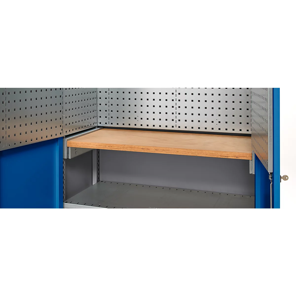 Open tool cabinet with perforated walls, wooden shelf and blue side panel.