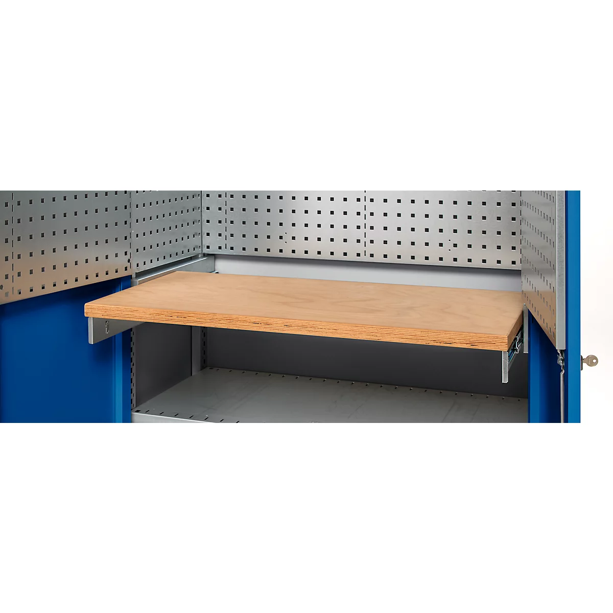 Close-up of the workbench with wooden top. Blue side walls, perforated walls, silver bracket.