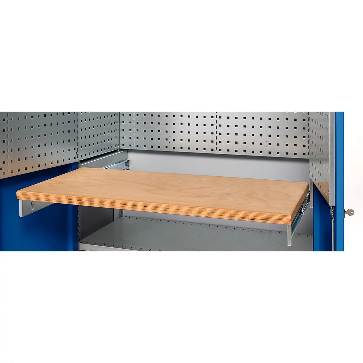 An open blue tool cabinet with an extended light brown wooden shelf.