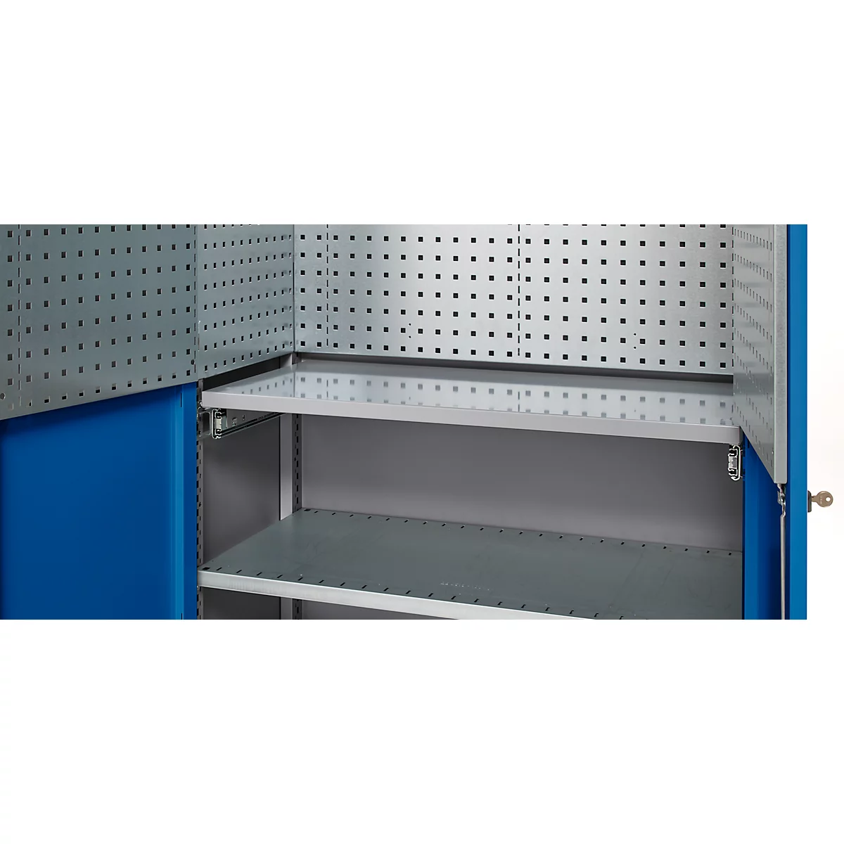 Open tool cabinet, blue edge, grey shelves and perforated walls.