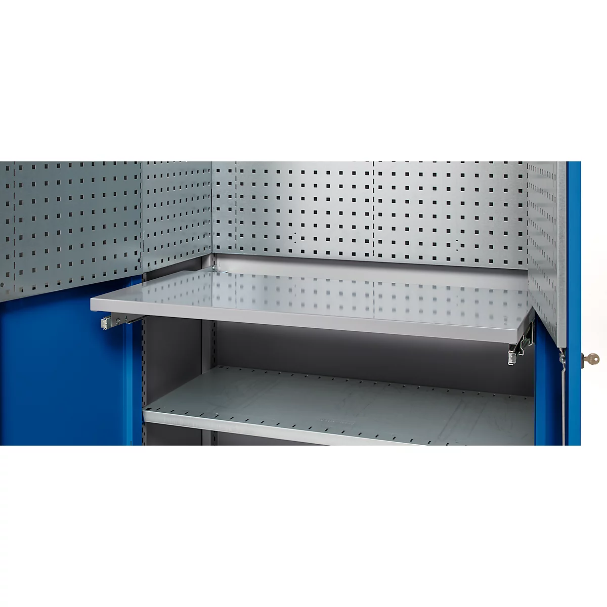 Blue tool cabinet, grey-metallic shelves, perforated back panel, details.
