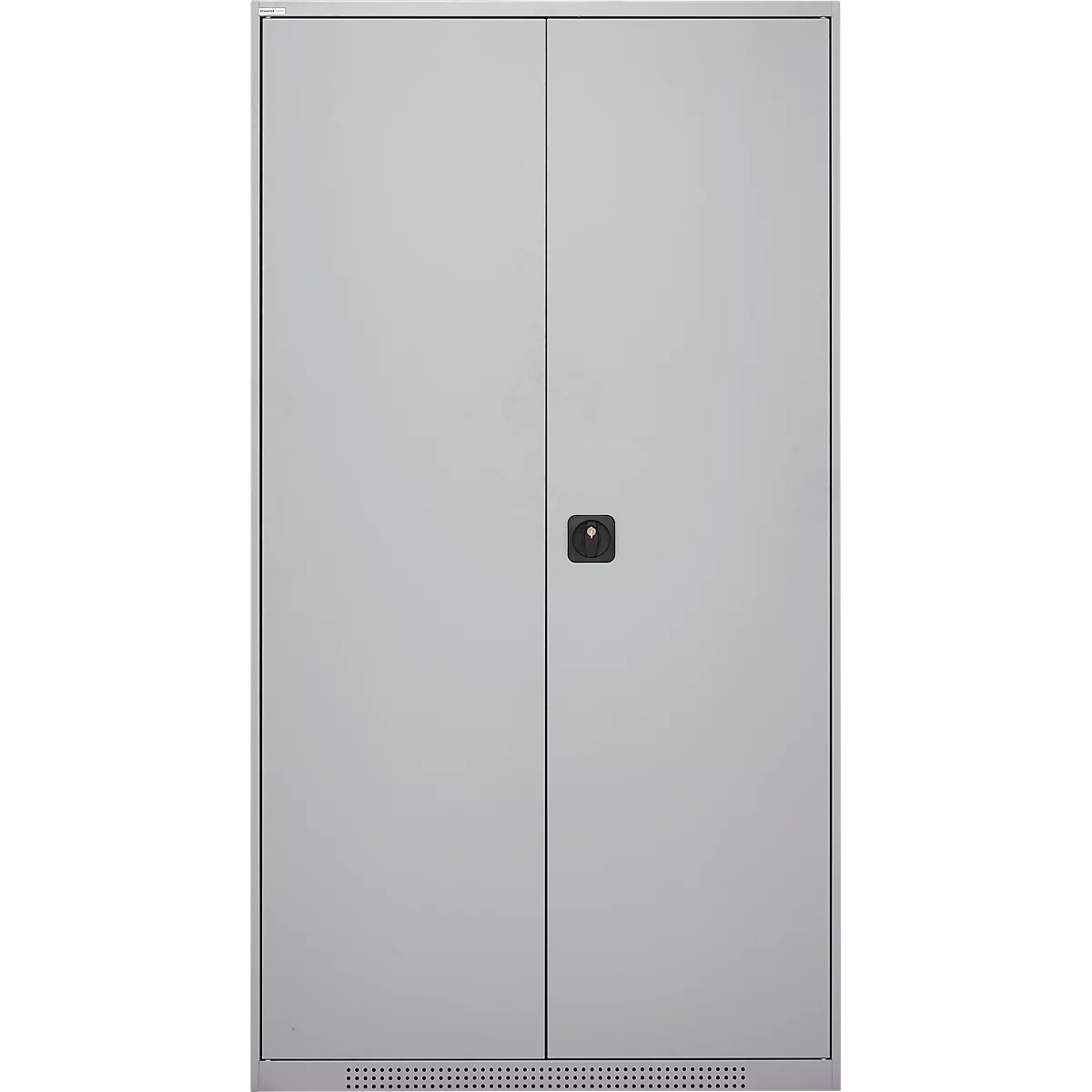 Grey, closed steel cabinet with two doors and a black handle. Ventilation slots at the bottom.