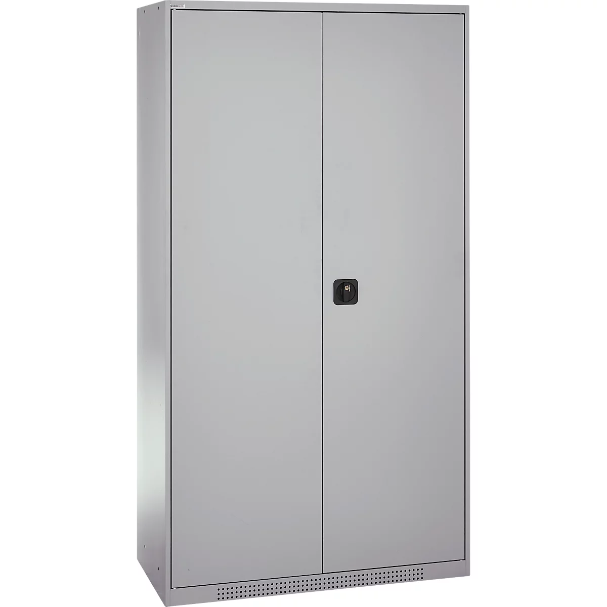 Gray filing cabinet with two doors and a black handle.