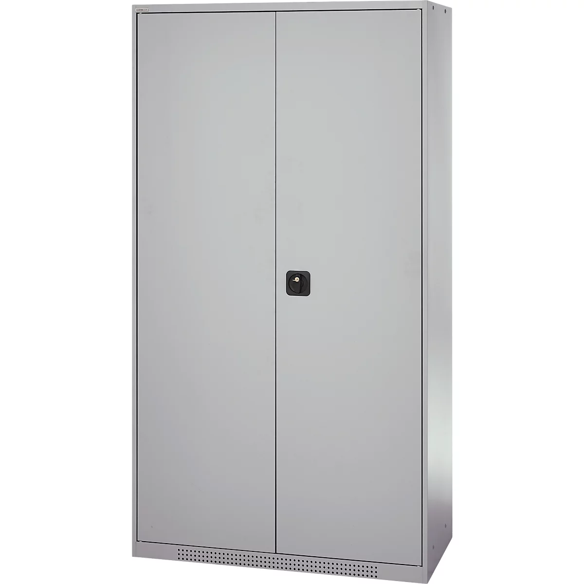 Gray filing cabinet with two doors and a black handle.