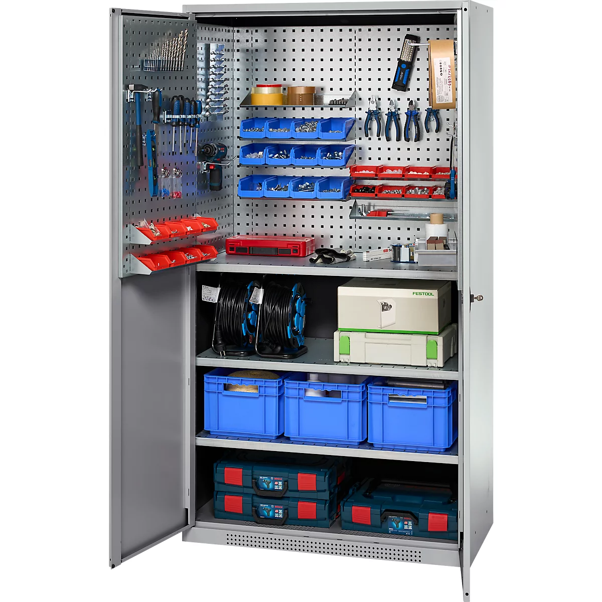 Open tool cabinet filled with tools, cables, boxes, and screws. Tools on hanging device, boxes and tools above.
