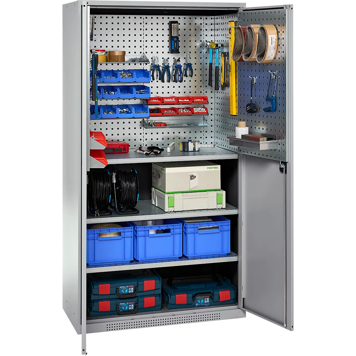 Gray tool cabinet with open door. Inside: tools, drawers, boxes and equipment. The cabinet stands against a white background.
