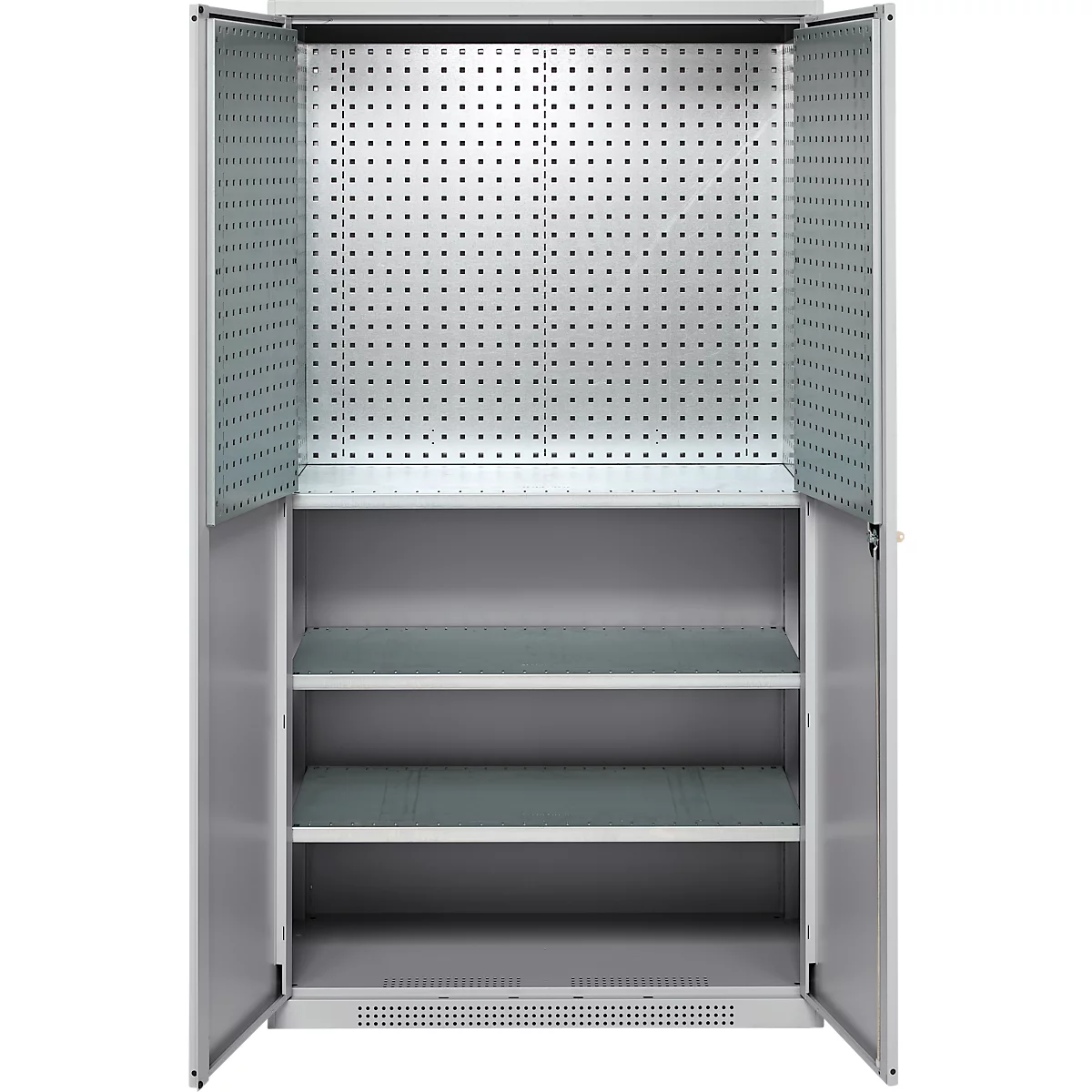 An open, gray tool cabinet. The doors are open. Inside are three shelves. The back wall has a hole pattern.