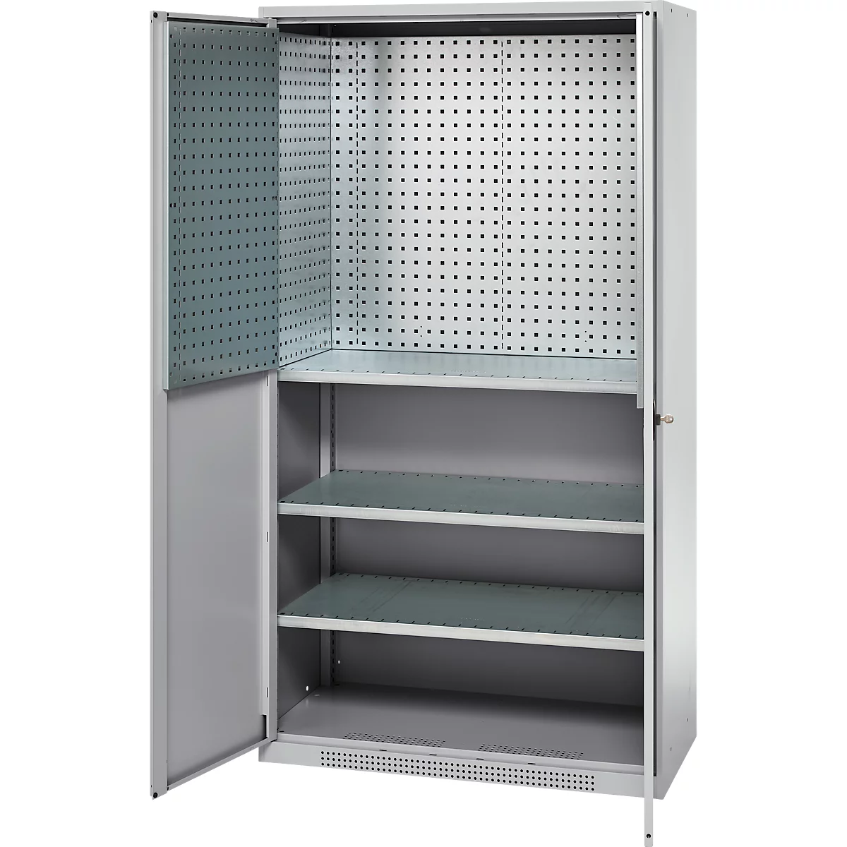 Gray tool cabinet with open door, shelves and pegboard.