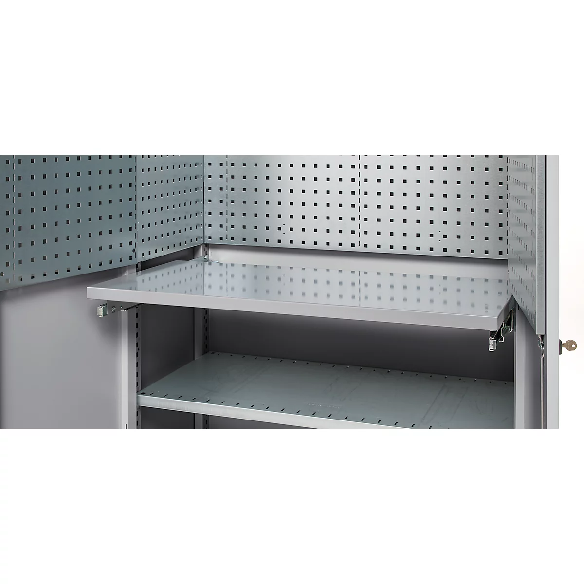 Open grey tool cabinet with pegboard and shelves.