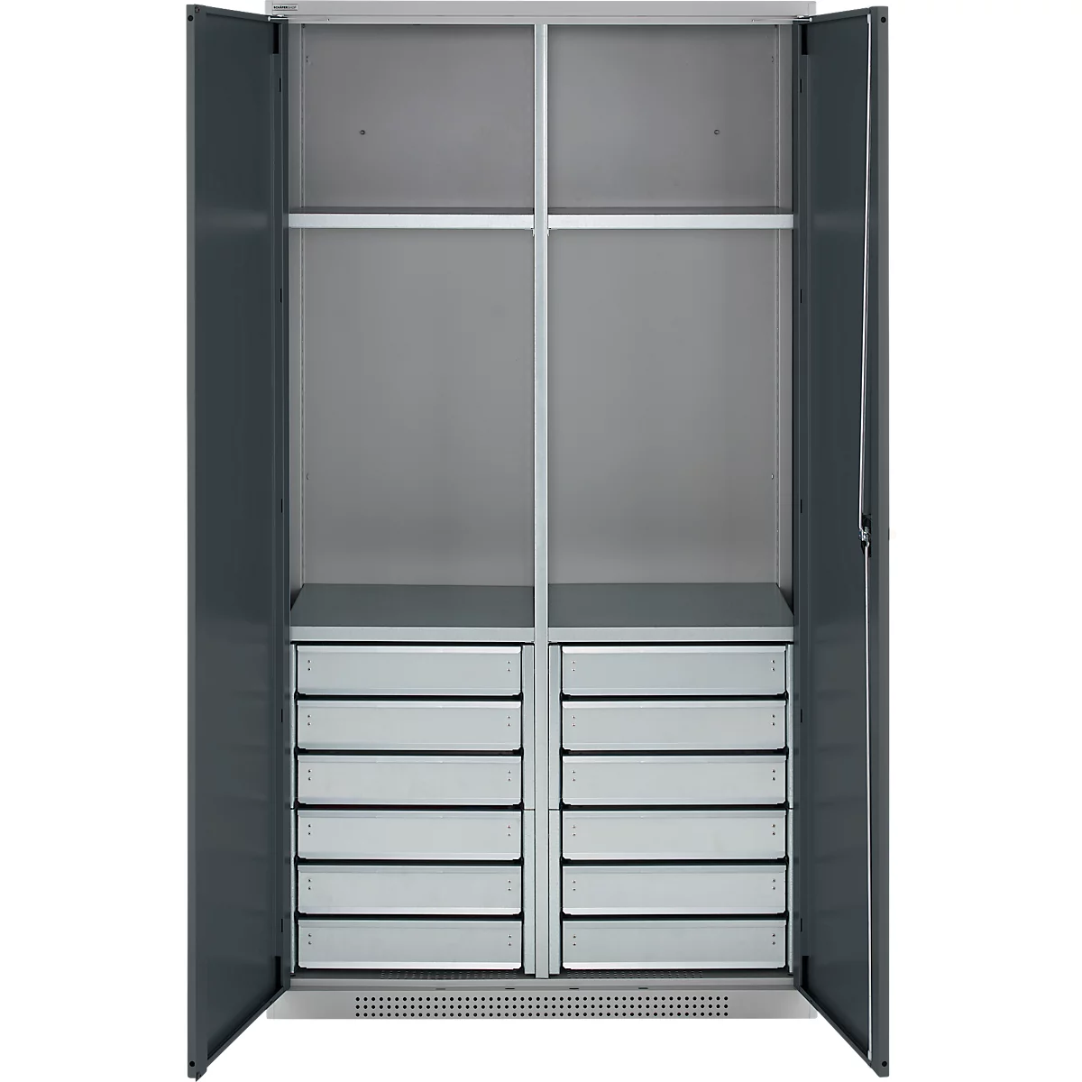 Schäfer Shop Genius Materialschrank FS, 5 OH, abschließbar, 4 Fachböden/12 Schübe, bis 450 kg, B 1055 x T 520 x H 1950 mm, Stahl, weißalu/anthrazitgrau