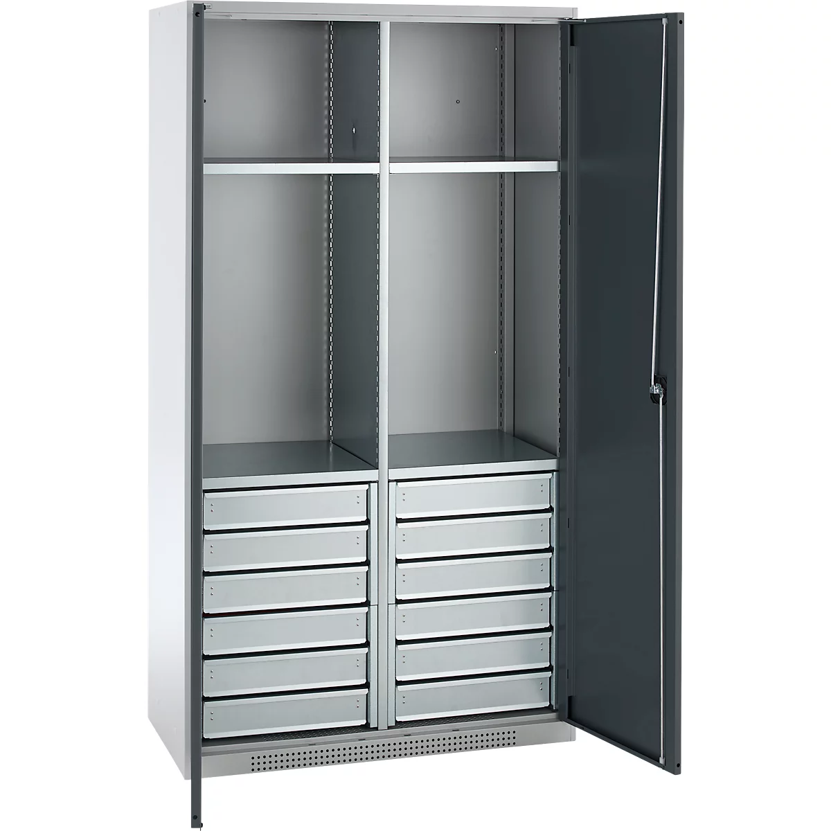 Schäfer Shop Genius Materialschrank FS, 5 OH, abschließbar, 4 Fachböden/12 Schübe, bis 450 kg, B 1055 x T 520 x H 1950 mm, Stahl, weißalu/anthrazitgrau