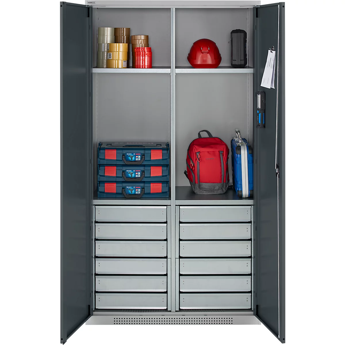 Schäfer Shop Genius Materialschrank FS, 5 OH, abschließbar, 4 Fachböden/12 Schübe, bis 450 kg, B 1055 x T 520 x H 1950 mm, Stahl, weißalu/anthrazitgrau