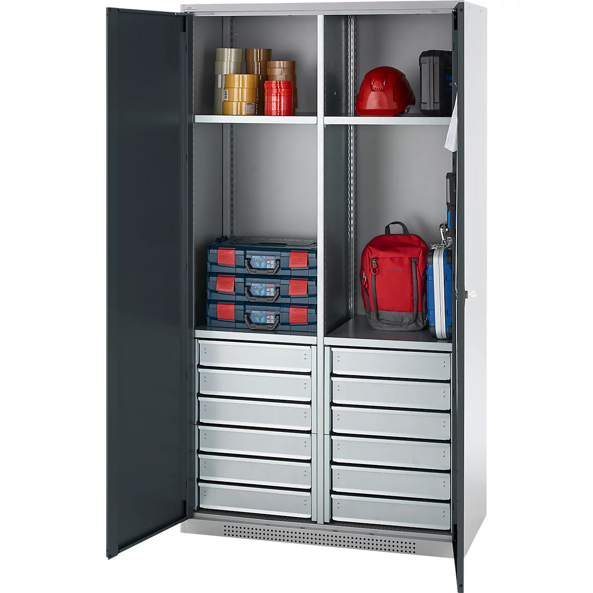 Schäfer Shop Genius Materialschrank FS, 5 OH, abschließbar, 4 Fachböden/12 Schübe, bis 450 kg, B 1055 x T 520 x H 1950 mm, Stahl, weißalu/anthrazitgrau