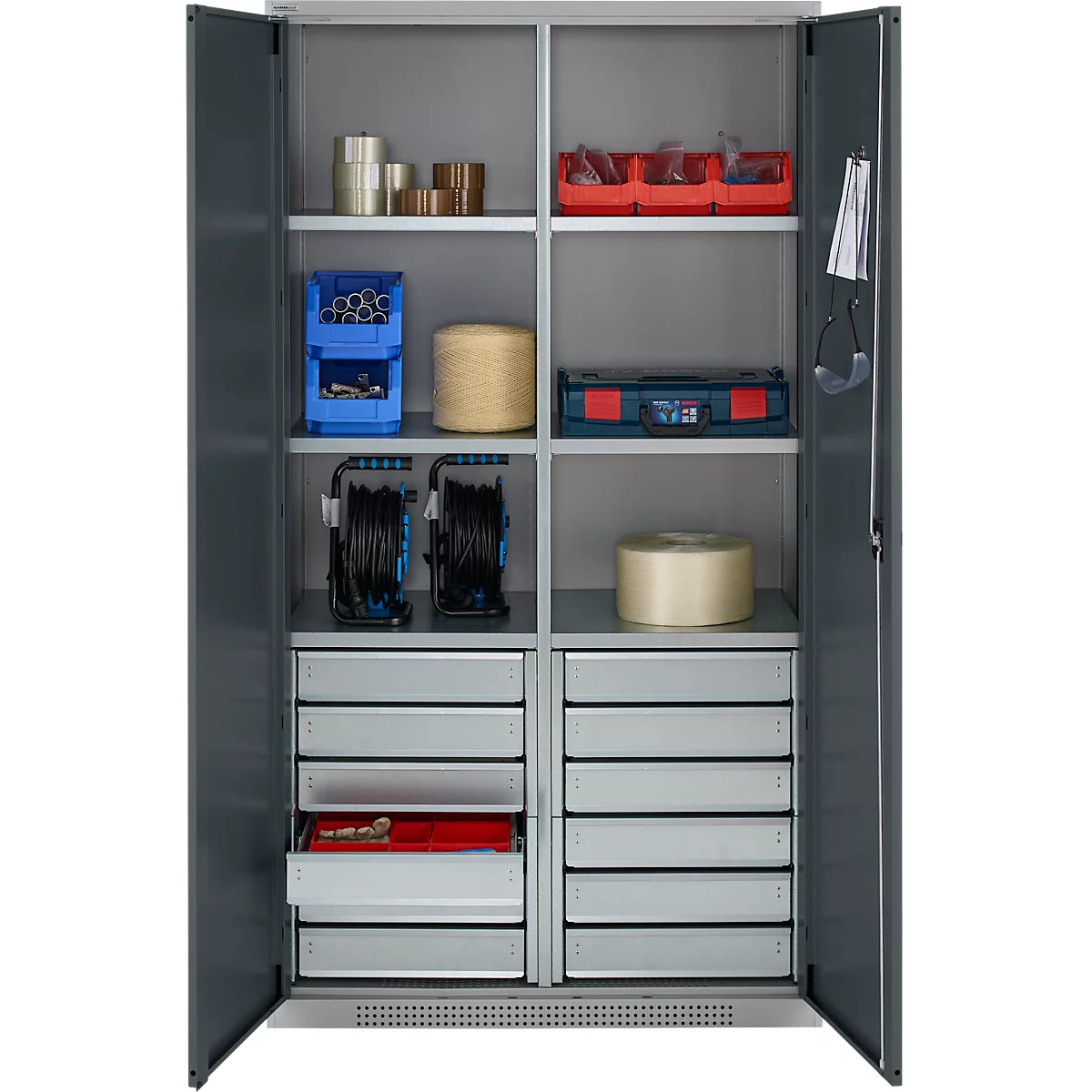 Schäfer Shop Genius Materialschrank FS, 5 OH, abschließbar, 4 Fachböden/12 Schübe, bis 450 kg, B 1055 x T 520 x H 1950 mm, Stahl, weißalu/anthrazitgrau