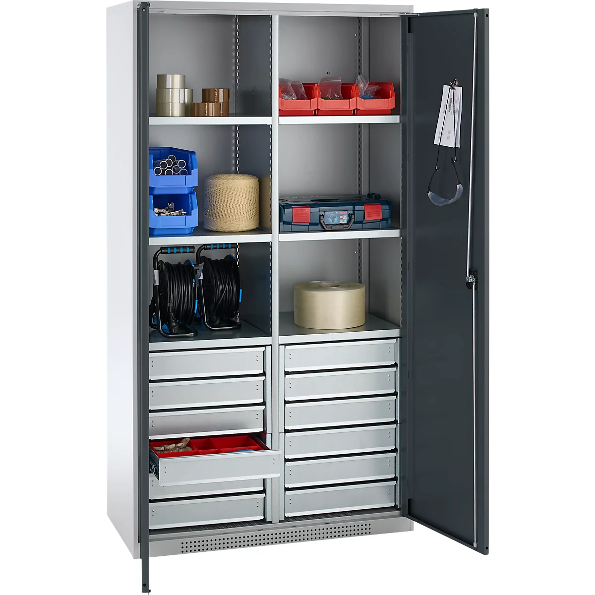 Schäfer Shop Genius Materialschrank FS, 5 OH, abschließbar, 4 Fachböden/12 Schübe, bis 450 kg, B 1055 x T 520 x H 1950 mm, Stahl, weißalu/anthrazitgrau