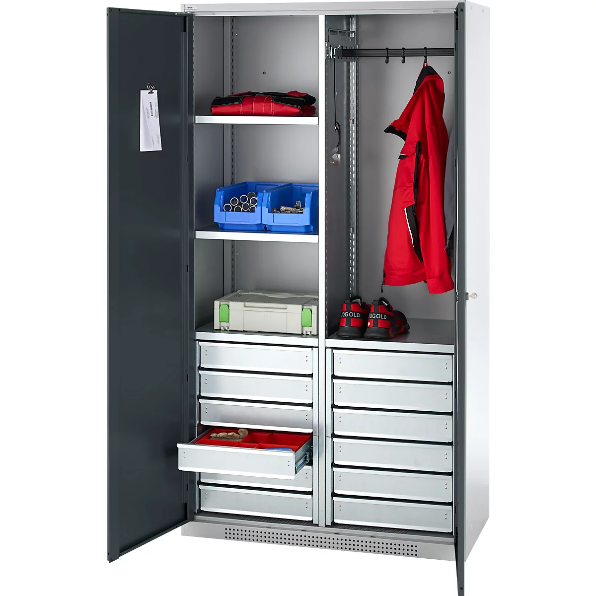 Schäfer Shop Genius Materialschrank FS, 5 OH, abschließbar, 4 Fachböden/12 Schübe, bis 450 kg, B 1055 x T 520 x H 1950 mm, Stahl, weißalu/anthrazitgrau