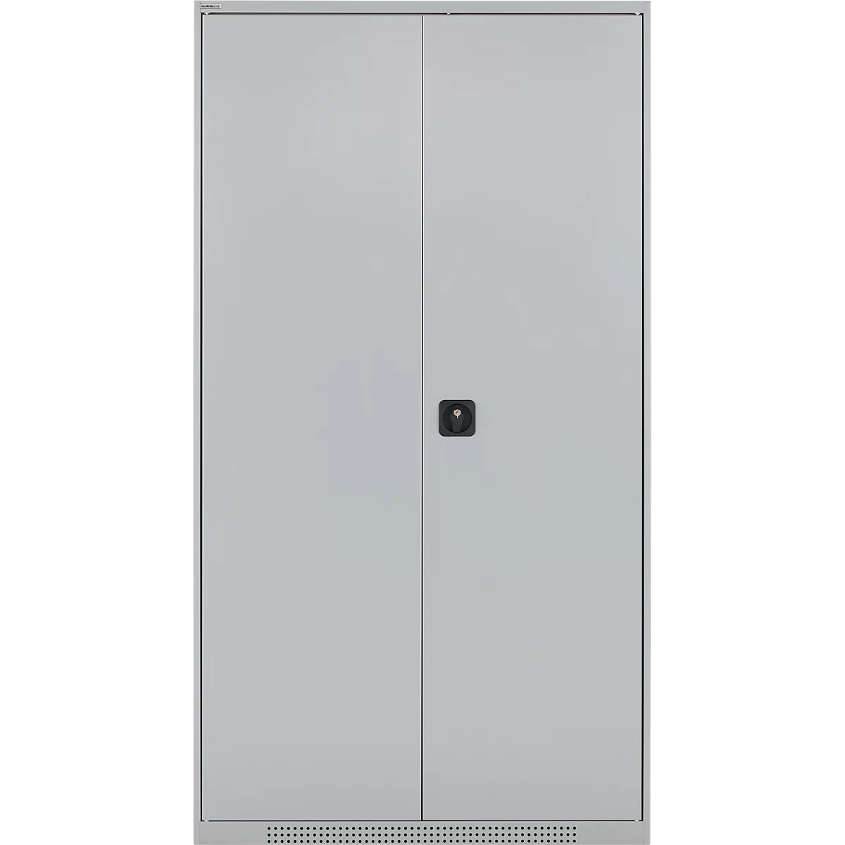 Schäfer Shop Genius Materialschrank FS, 5 OH, abschließbar, 4 Fachböden/12 Schübe, bis 450 kg, B 1055 x T 520 x H 1950 mm, Stahl, weißalu/weißalu