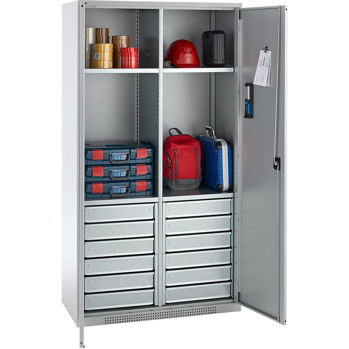 Schäfer Shop Genius Materialschrank FS, 5 OH, abschließbar, 4 Fachböden/12 Schübe, bis 450 kg, B 1055 x T 520 x H 1950 mm, Stahl, weißalu/weißalu