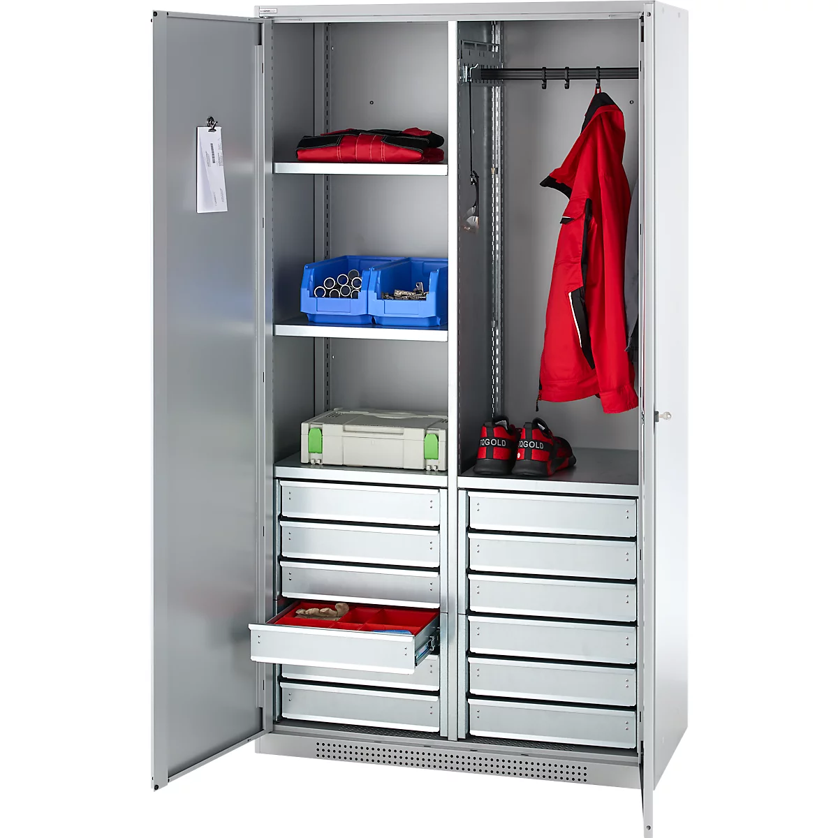 Schäfer Shop Genius Materialschrank FS, 5 OH, abschließbar, 4 Fachböden/12 Schübe, bis 450 kg, B 1055 x T 520 x H 1950 mm, Stahl, weißalu/weißalu