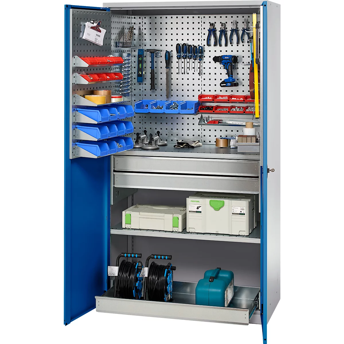 Schäfer Shop Genius Materialschrank FS, 5 OH, abschließbar, Lochrasterwände/2 Schübe/2 Fachböden, bis 450 kg, B 1055 x T 520 x H 1950 mm, weißalu/enzianblau + Gratis Einsatzkastenset-24 tlg.