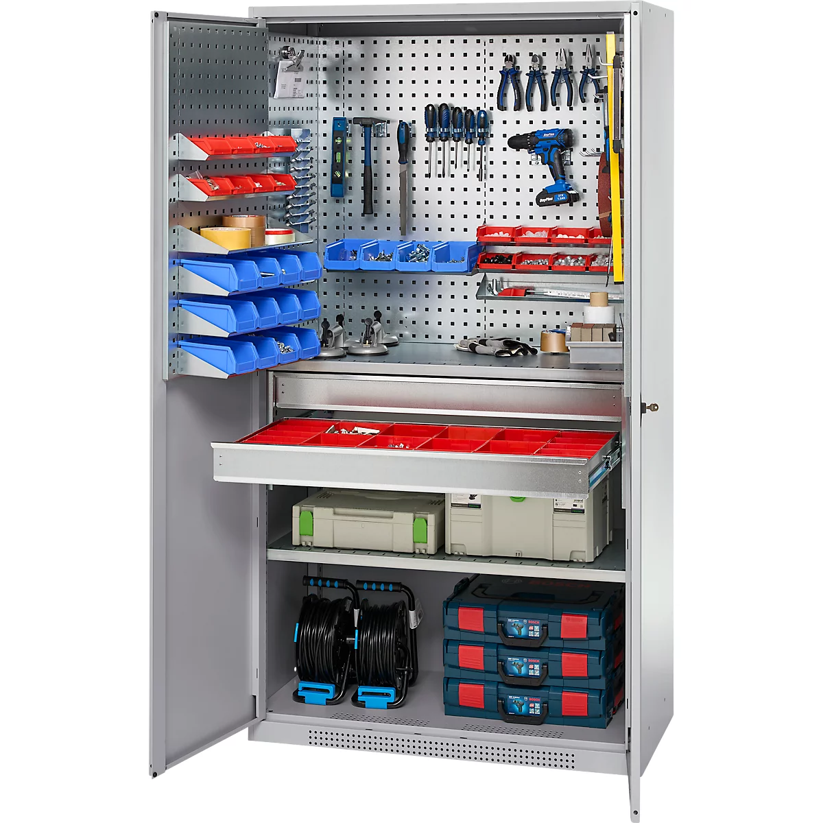 Schäfer Shop Genius Materialschrank FS, 5 OH, abschließbar, Lochrasterwände/2 Schübe/2 Fachböden, bis 450 kg, B 1055 x T 520 x H 1950 mm, weißalu/weißalu + Gratis Einsatzkastenset-24 tlg.