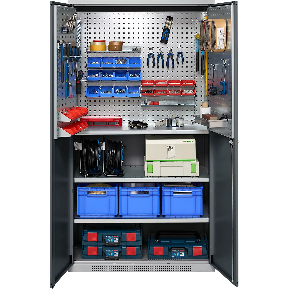 Schäfer Shop Genius Materialschrank FS, 5 OH, abschließbar, Lochrasterwände/3 Fachböden, bis 450 kg, B 1055 x T 520 x H 1950 mm, weißalu/anthrazitgrau