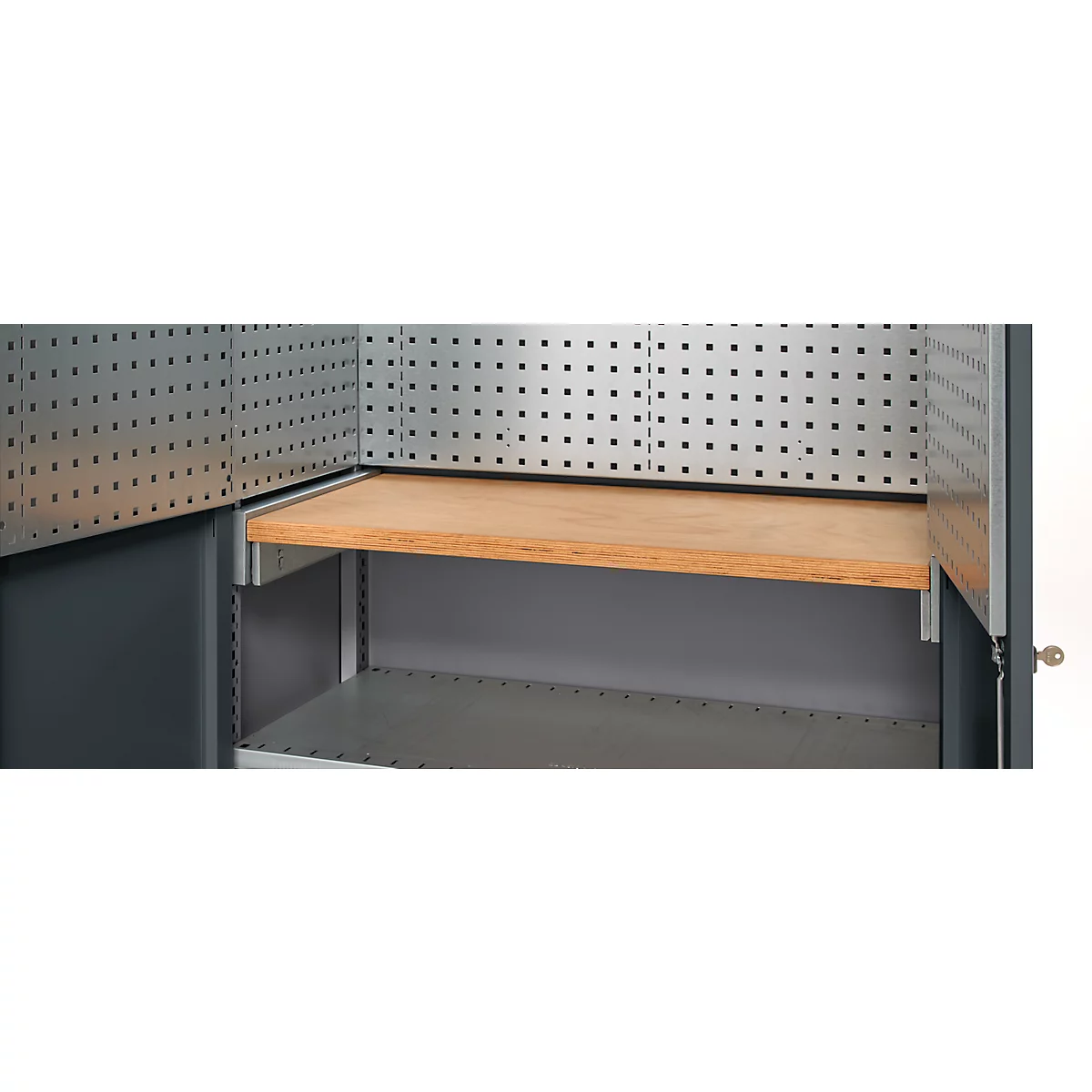 Schäfer Shop Genius Materialschrank FS, 5 OH, abschließbar, Lochrasterwände/3 Fachböden, bis 450 kg, B 1055 x T 520 x H 1950 mm, weißalu/anthrazitgrau