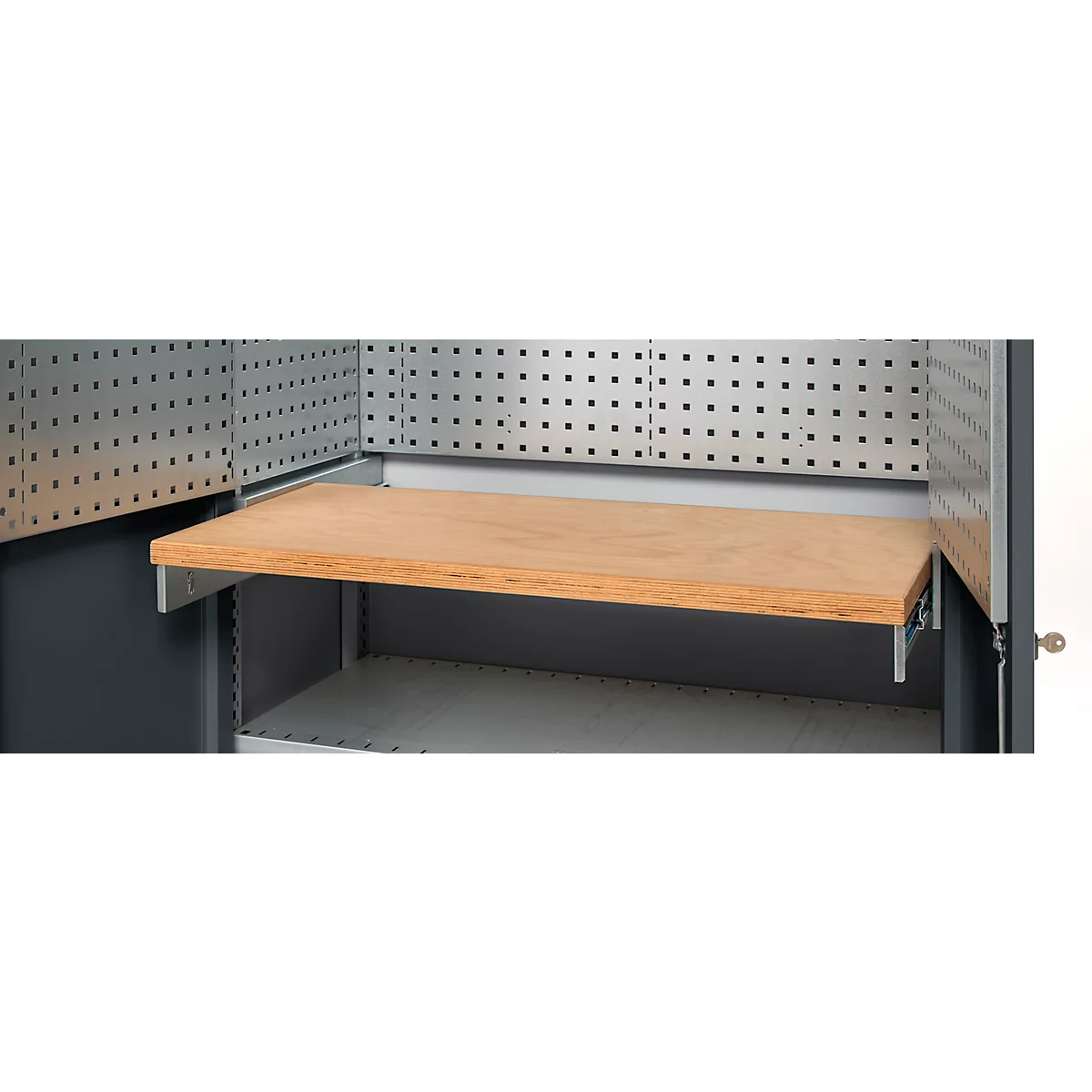 Schäfer Shop Genius Materialschrank FS, 5 OH, abschließbar, Lochrasterwände/3 Fachböden, bis 450 kg, B 1055 x T 520 x H 1950 mm, weißalu/anthrazitgrau