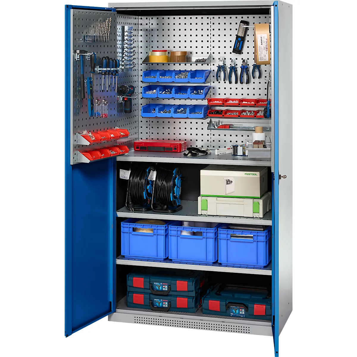 Schäfer Shop Genius Materialschrank FS, 5 OH, abschließbar, Lochrasterwände/3 Fachböden, bis 450 kg, B 1055 x T 520 x H 1950 mm, weißalu/enzianblau