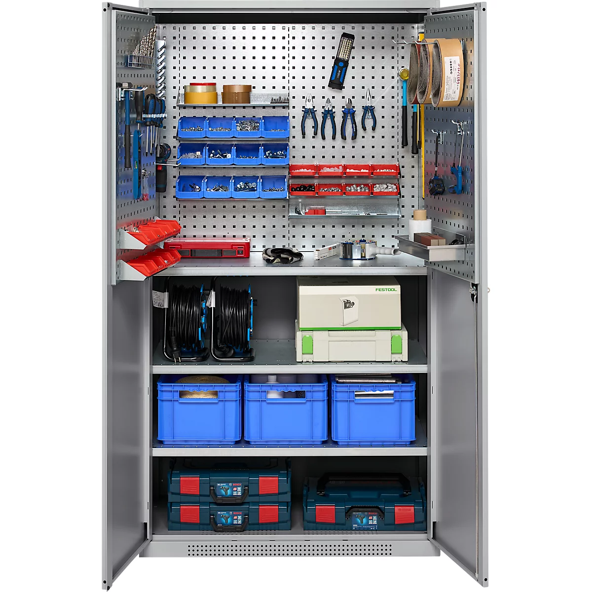 Schäfer Shop Genius Materialschrank FS, 5 OH, abschließbar, Lochrasterwände/3 Fachböden, bis 450 kg, B 1055 x T 520 x H 1950 mm, weißalu/weißalu