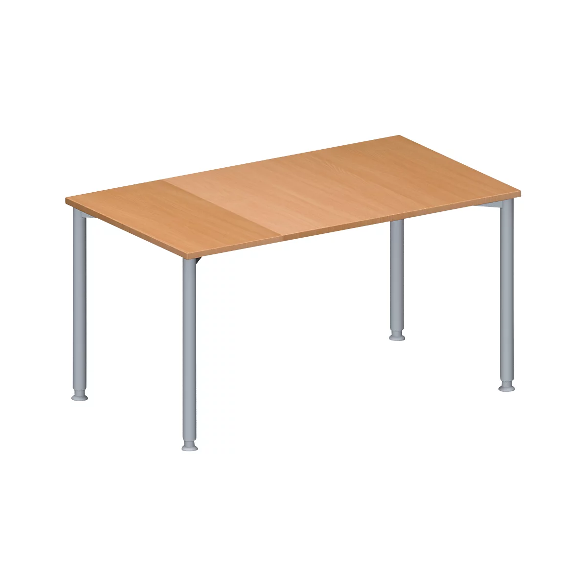 Rectangular table with light brown tabletop and gray legs. The legs are cylindrical with adjustable feet.