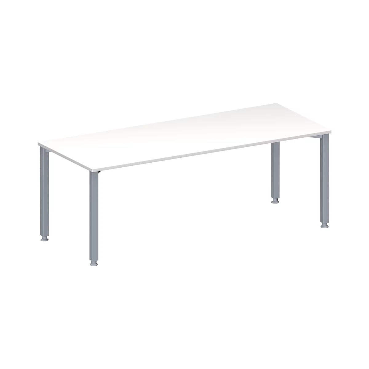 White table with four gray legs. The tabletop is rectangular.