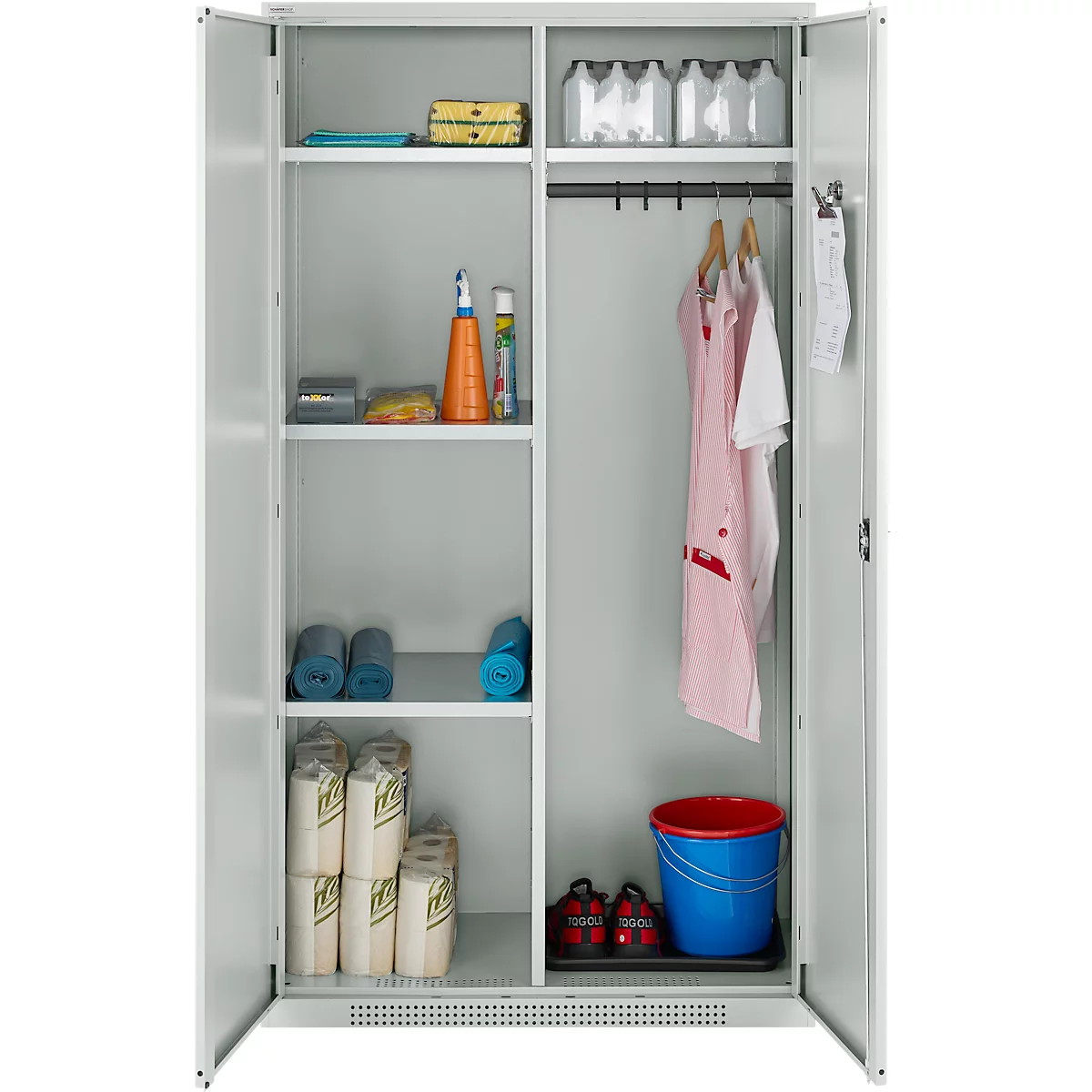 Schäfer Shop Genius Mehrzweckschrank FS, modular, abschließbar, mit Mittelwand, 4 Fachböden, B 1055 x T 520 x H 1950 mm, lichtgrau