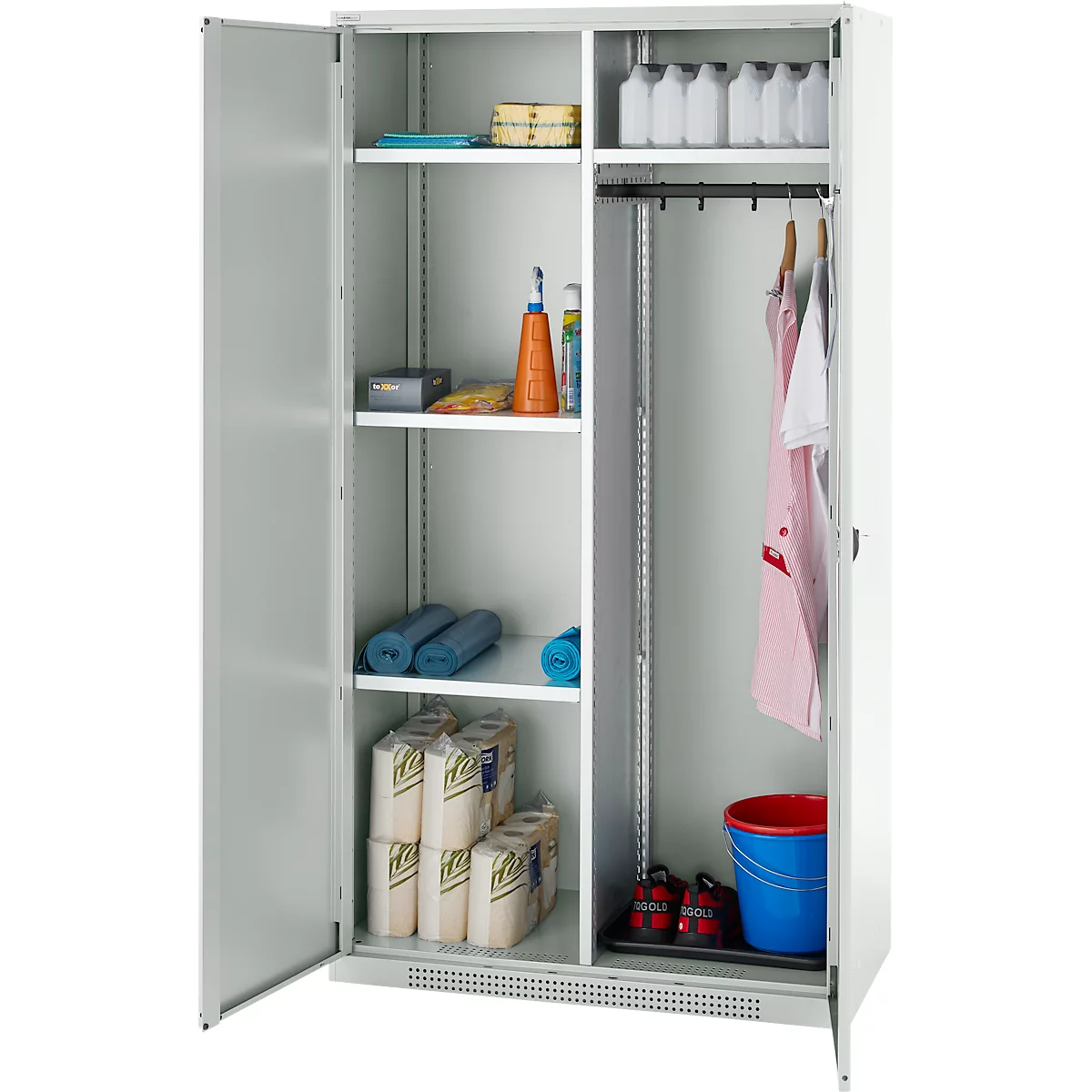 Schäfer Shop Genius Mehrzweckschrank FS, modular, abschließbar, mit Mittelwand, 4 Fachböden, B 1055 x T 520 x H 1950 mm, lichtgrau