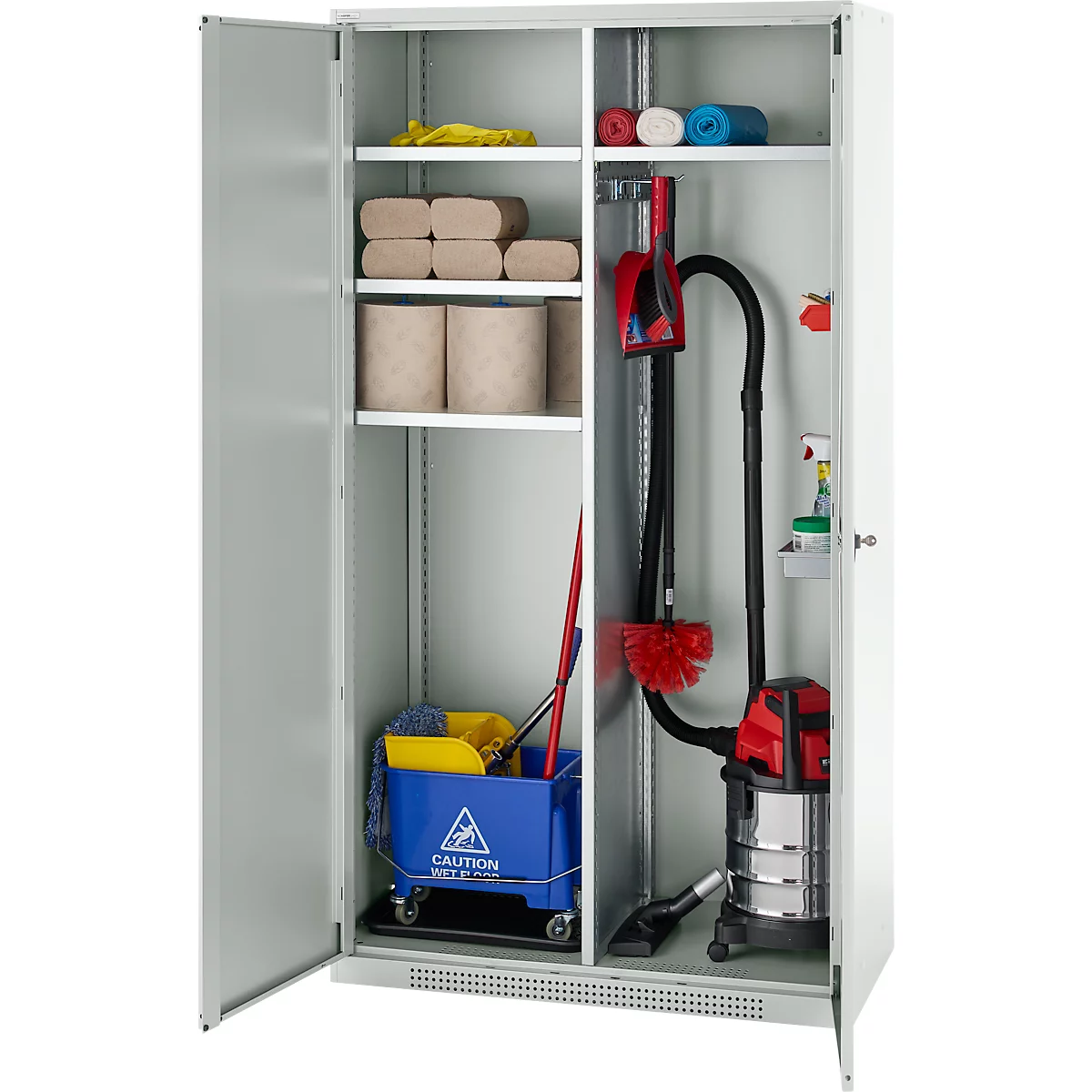 Schäfer Shop Genius Mehrzweckschrank FS, modular, abschließbar, mit Mittelwand, 4 Fachböden, B 1055 x T 520 x H 1950 mm, lichtgrau
