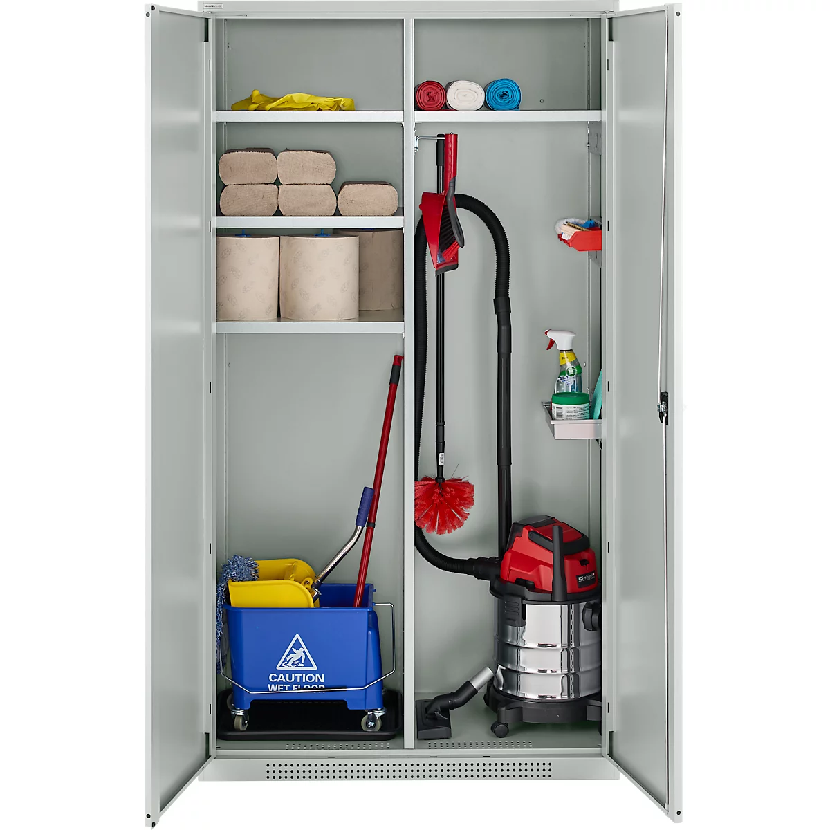Schäfer Shop Genius Mehrzweckschrank FS, modular, abschließbar, mit Mittelwand, 4 Fachböden, B 1055 x T 520 x H 1950 mm, lichtgrau