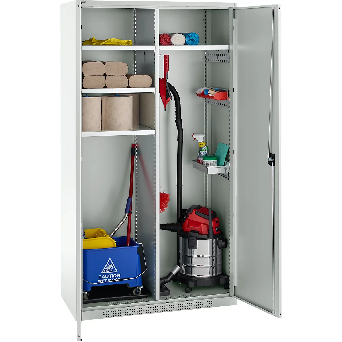 Schäfer Shop Genius Mehrzweckschrank FS, modular, abschließbar, mit Mittelwand, 4 Fachböden, B 1055 x T 520 x H 1950 mm, lichtgrau