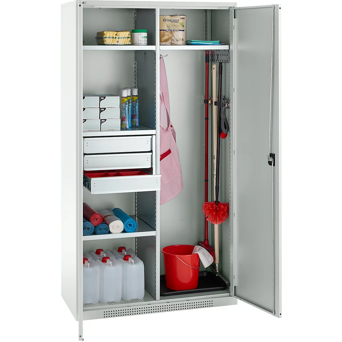 Schäfer Shop Genius Mehrzweckschrank FS, modular, abschließbar, mit Mittelwand, 4 Fachböden, B 1055 x T 520 x H 1950 mm, lichtgrau