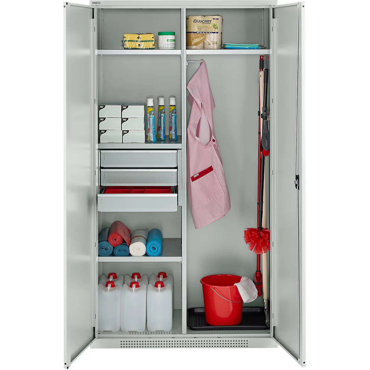 Schäfer Shop Genius Mehrzweckschrank FS, modular, abschließbar, mit Mittelwand, 4 Fachböden, B 1055 x T 520 x H 1950 mm, lichtgrau